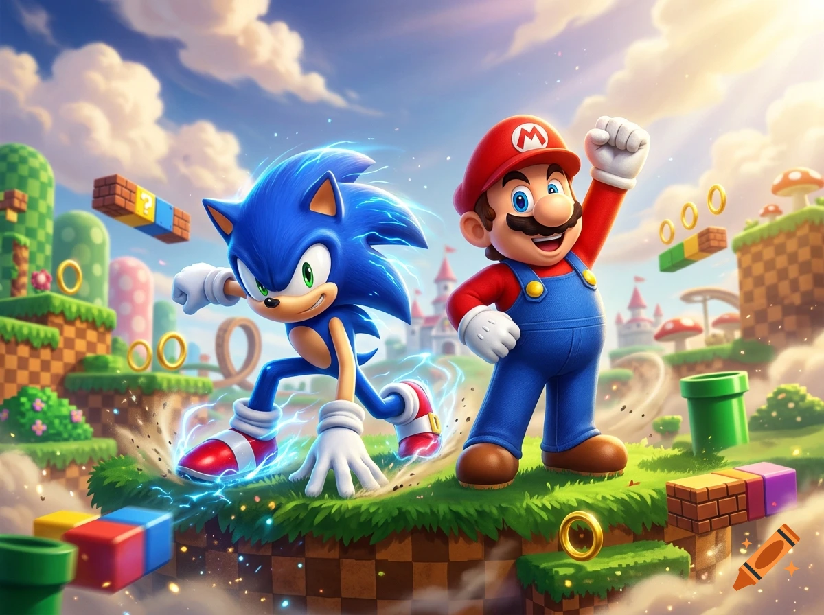 Sonic the Hedgehog and Mario posing together in a vibrant Green Hill Zone landscape with floating blocks and gold rings.