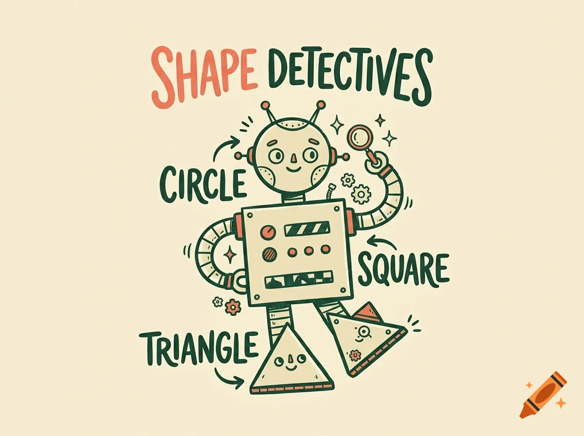 An illustration of a friendly robot character holding a magnifying glass, accompanied by the text 'SHAPE DETECTIVES', 'CIRCLE', 'TRIANGLE', and 'SQUARE'.