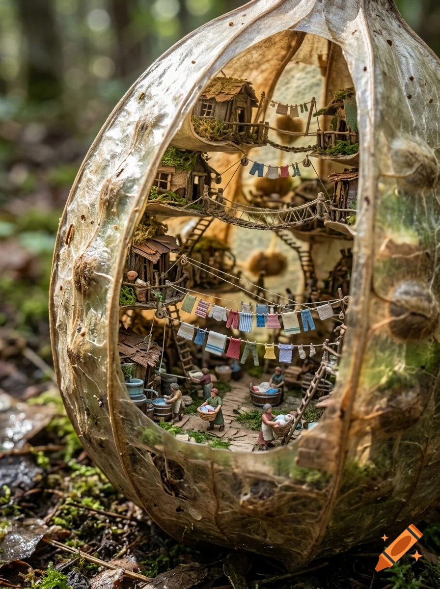 A miniature village built inside a hollowed-out seed pod, featuring tiny houses, bridges, and tiny figures doing laundry.