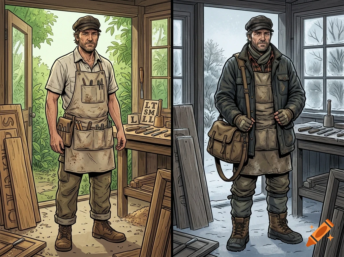 Split image showing a carpenter in a workshop during summer on the left and winter on the right.
