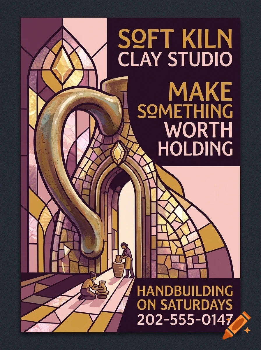 A poster for Soft Kiln Clay Studio featuring a large stylized ceramic mug and stained glass architectural elements with potters working.
