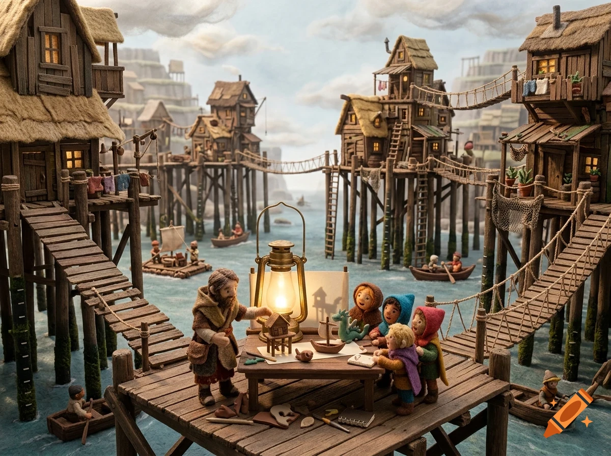 Miniature clay figures of a man and children gathered around a lighted lantern on a wooden dock among stilt houses over water.
