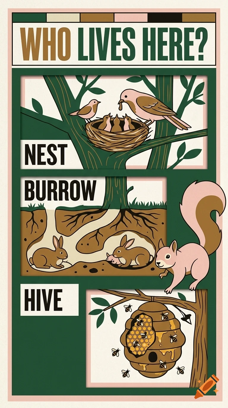 An educational illustration titled 'Who Lives Here?' featuring three panels showing animals in their habitats: birds in a nest, rabbits in a burrow, and bees around a hive.