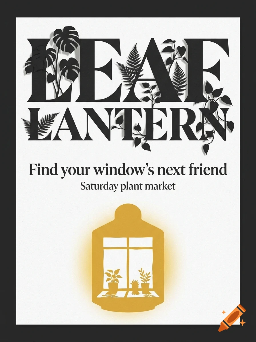 A poster with large black text that reads 'LEAF LANTERN' interwoven with plant leaves, smaller text below, and a yellow illustration of a lantern containing potted plants on a windowsill.