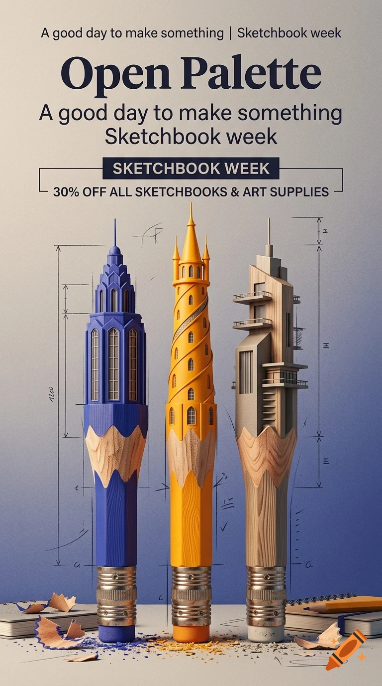 An advertisement for Open Palette Sketchbook Week showing three colored pencils shaped like intricate architectural buildings against a gradient blue background with measurement lines and text.