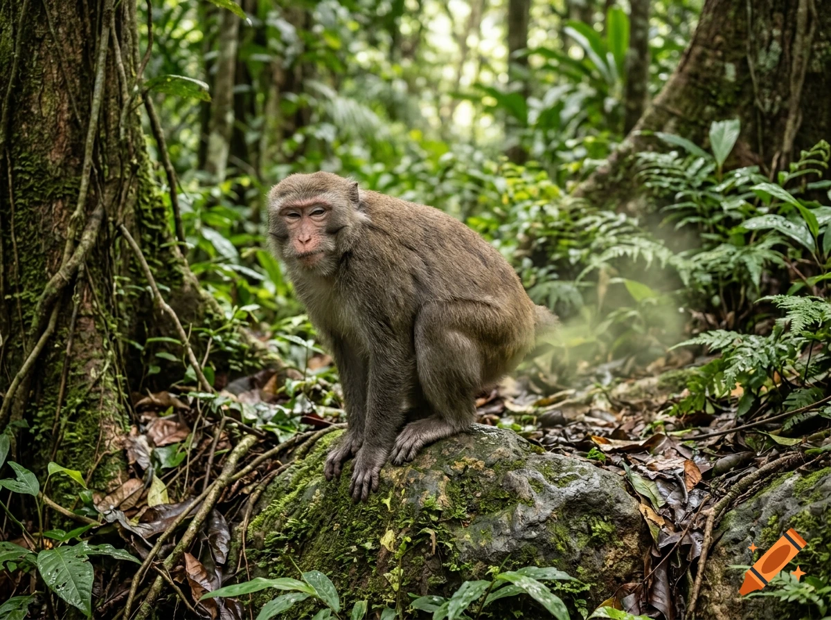 Photorealistic image of a monkey sitting on a mossy rock in a lush green jungle.