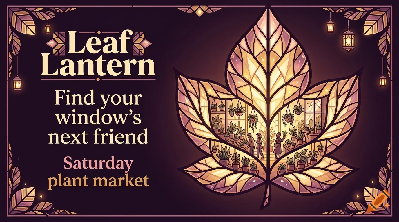 An illustrated poster featuring a large glowing leaf containing a greenhouse with potted plants and people, alongside the text Leaf Lantern and Saturday plant market.