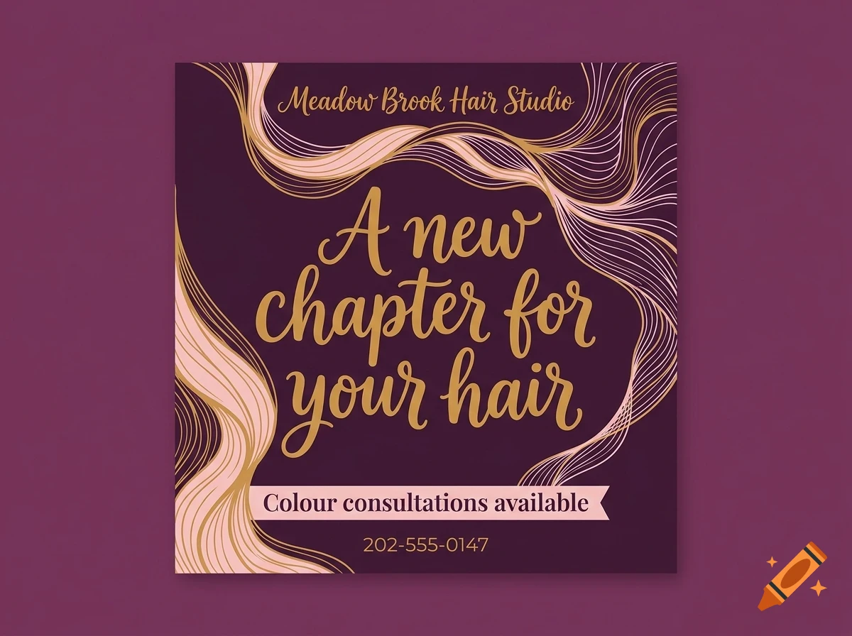 An advertisement for Meadow Brook Hair Studio with the text A new chapter for your hair, Colour consultations available, and a phone number.