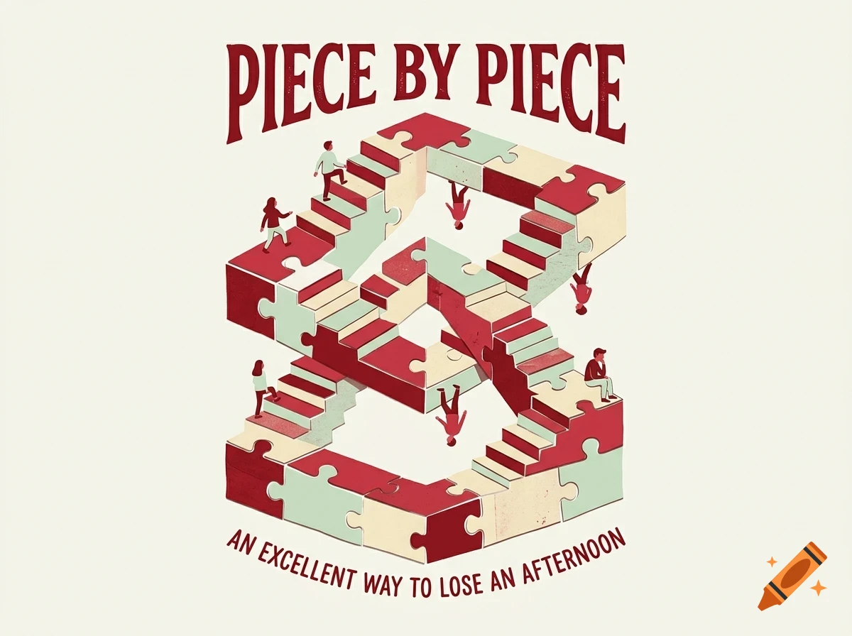An impossible staircase built out of jigsaw puzzle pieces with tiny people walking on it, captioned Piece By Piece.