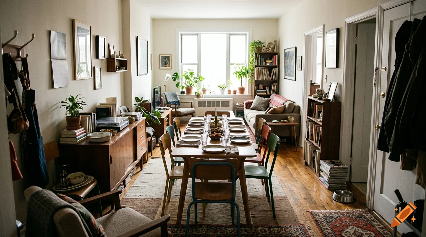 A narrow apartment living and dining room with a long wooden table set for dinner, surrounded by chairs, with shelves, plants, and a sofa.