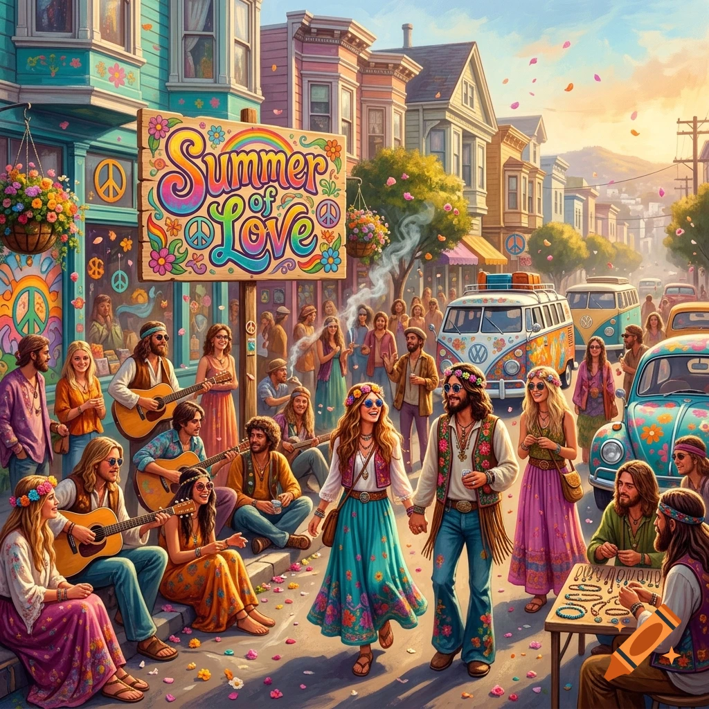 Colorful illustration of a 1960s hippie gathering in San Francisco during the Summer of Love with vintage cars and a large sign.
