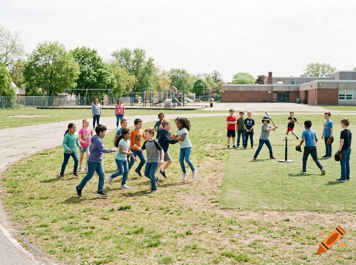 Photorealistic image of children playing baseball and running on a school field.