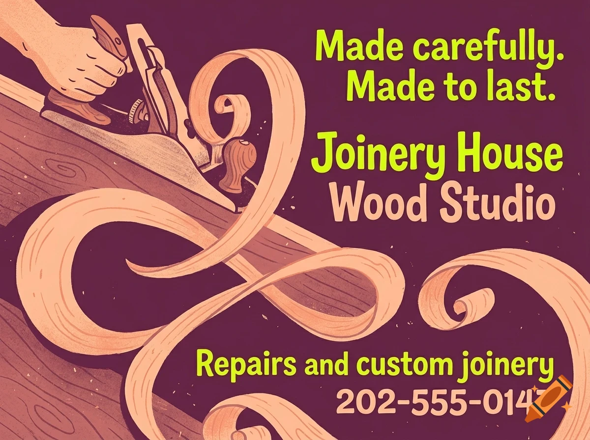 An illustrated poster for Joinery House Wood Studio showing a hand using a hand plane on a wooden board, producing curled wood shavings, with green and peach text.