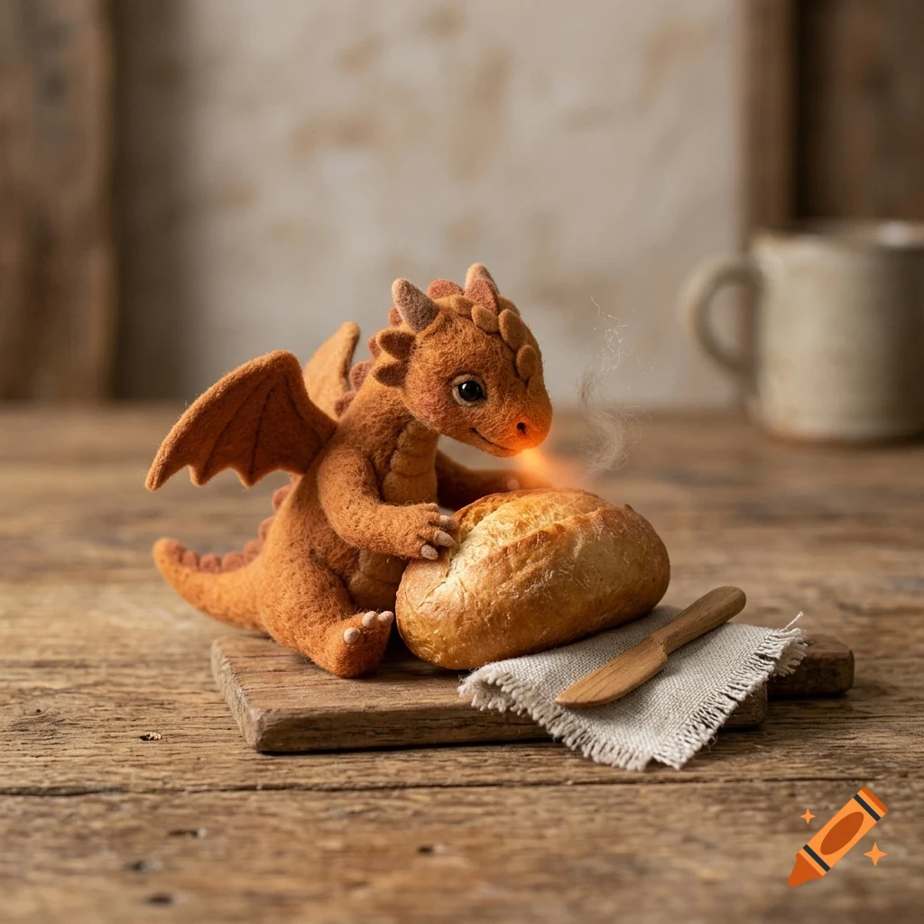 A small felted dragon figurine toasts a loaf of bread on a wooden board with a tiny flame from its mouth.