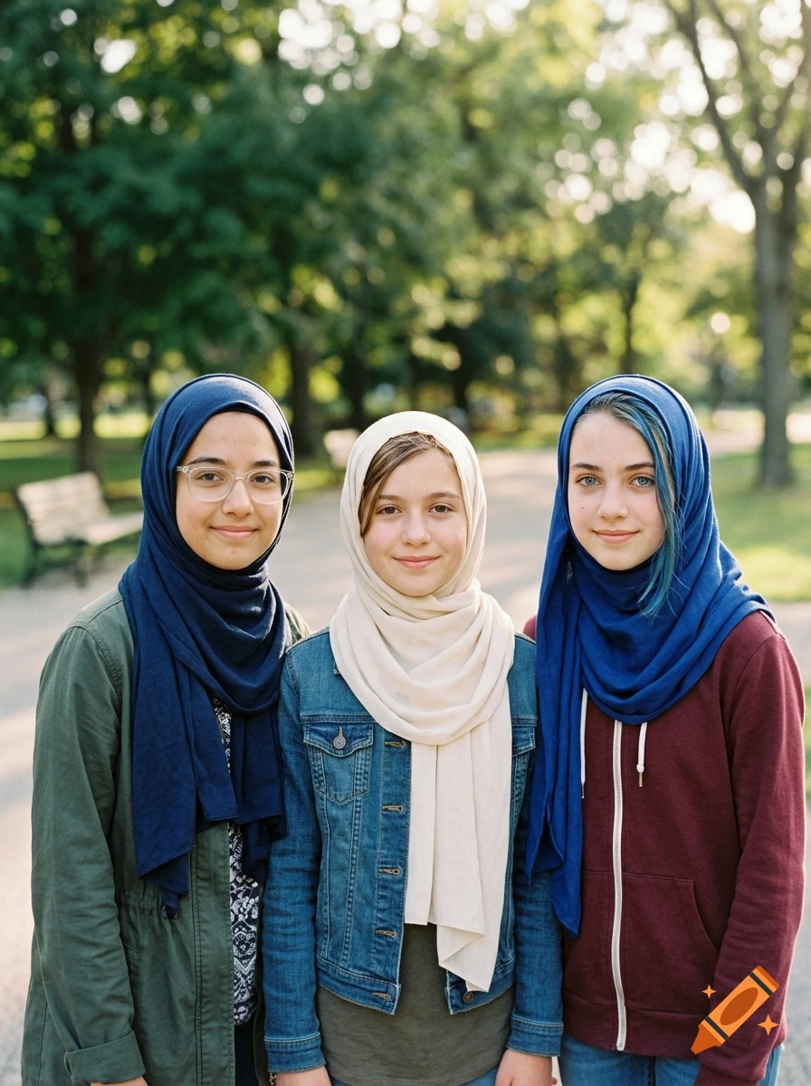 Photorealistic portrait of three young teenage girls wearing hijabs outdoors in a park.