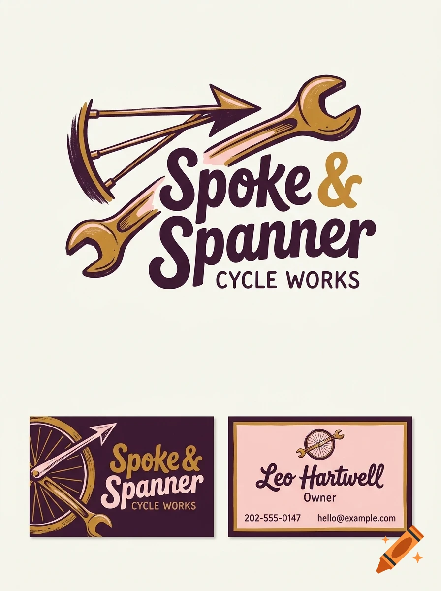 A logo and business card design featuring the text Spoke & Spanner Cycle Works, wrenches, and a bicycle wheel.