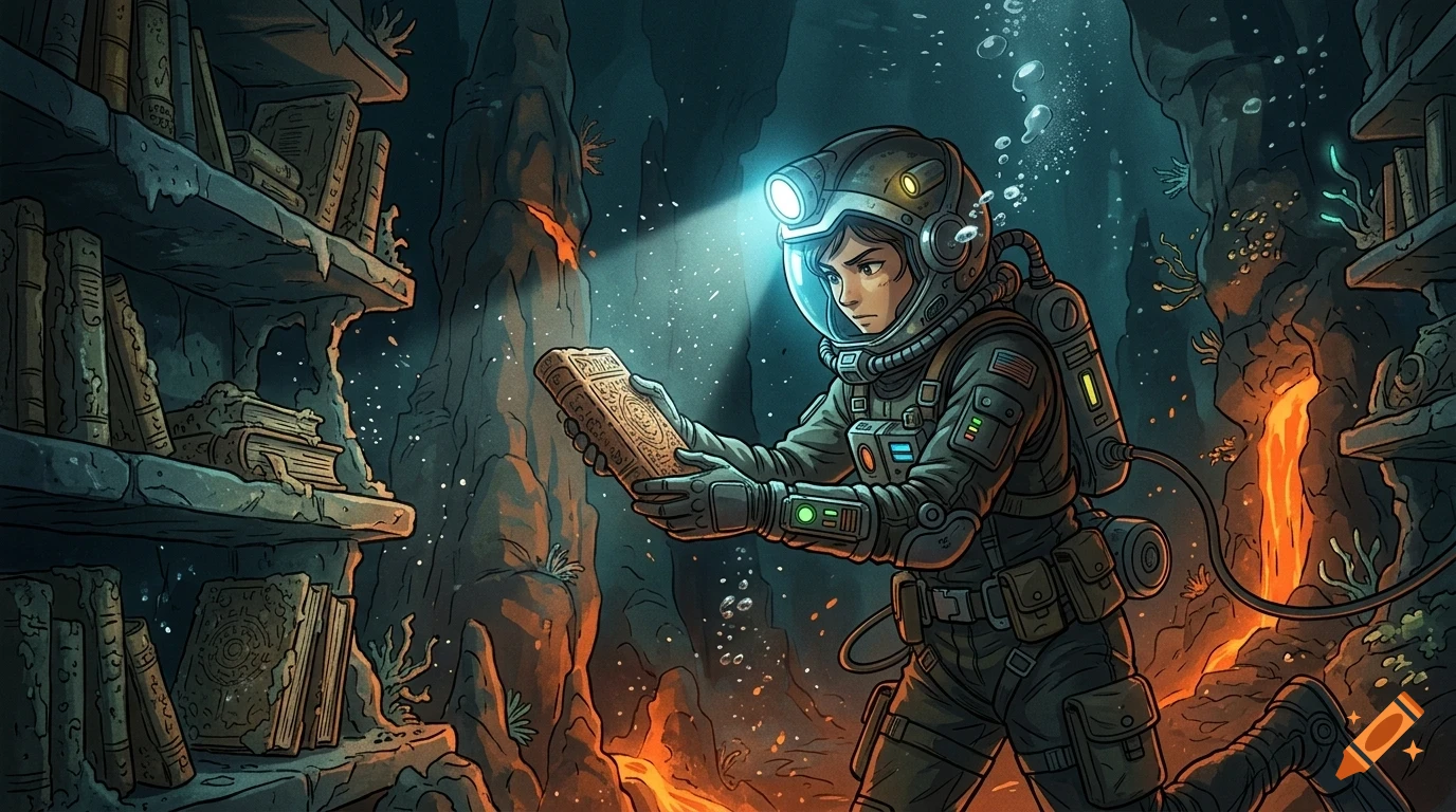 An underwater explorer in a diving suit and helmet holding an old book in front of a bookshelf inside a submerged cave.