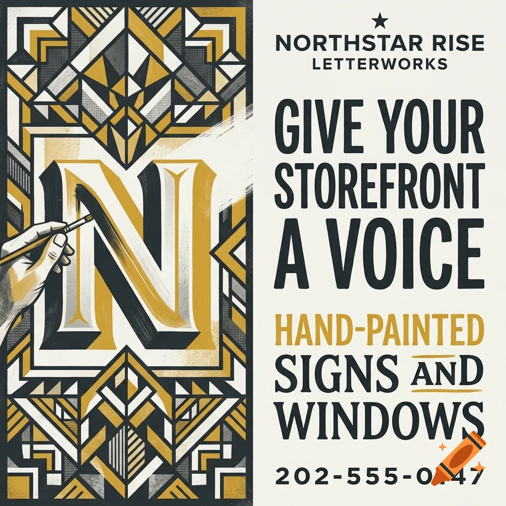 An advertisement for Northstar Rise Letterworks featuring art deco geometric patterns, a hand painting the letter N, and text reading Give your storefront a voice.