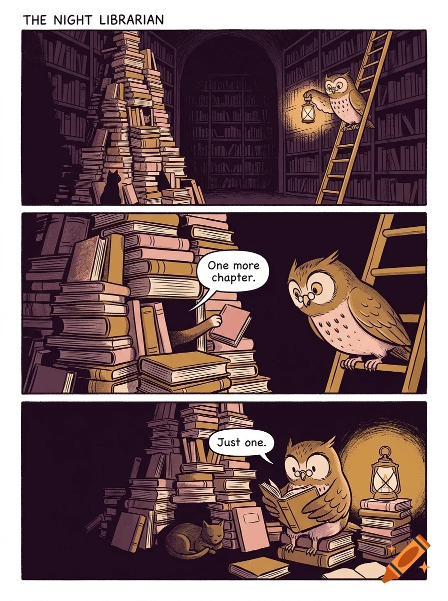 A three-panel comic titled 'The Night Librarian' features an owl wearing glasses on a library ladder holding a lantern, interacting with piles of books and a cat.