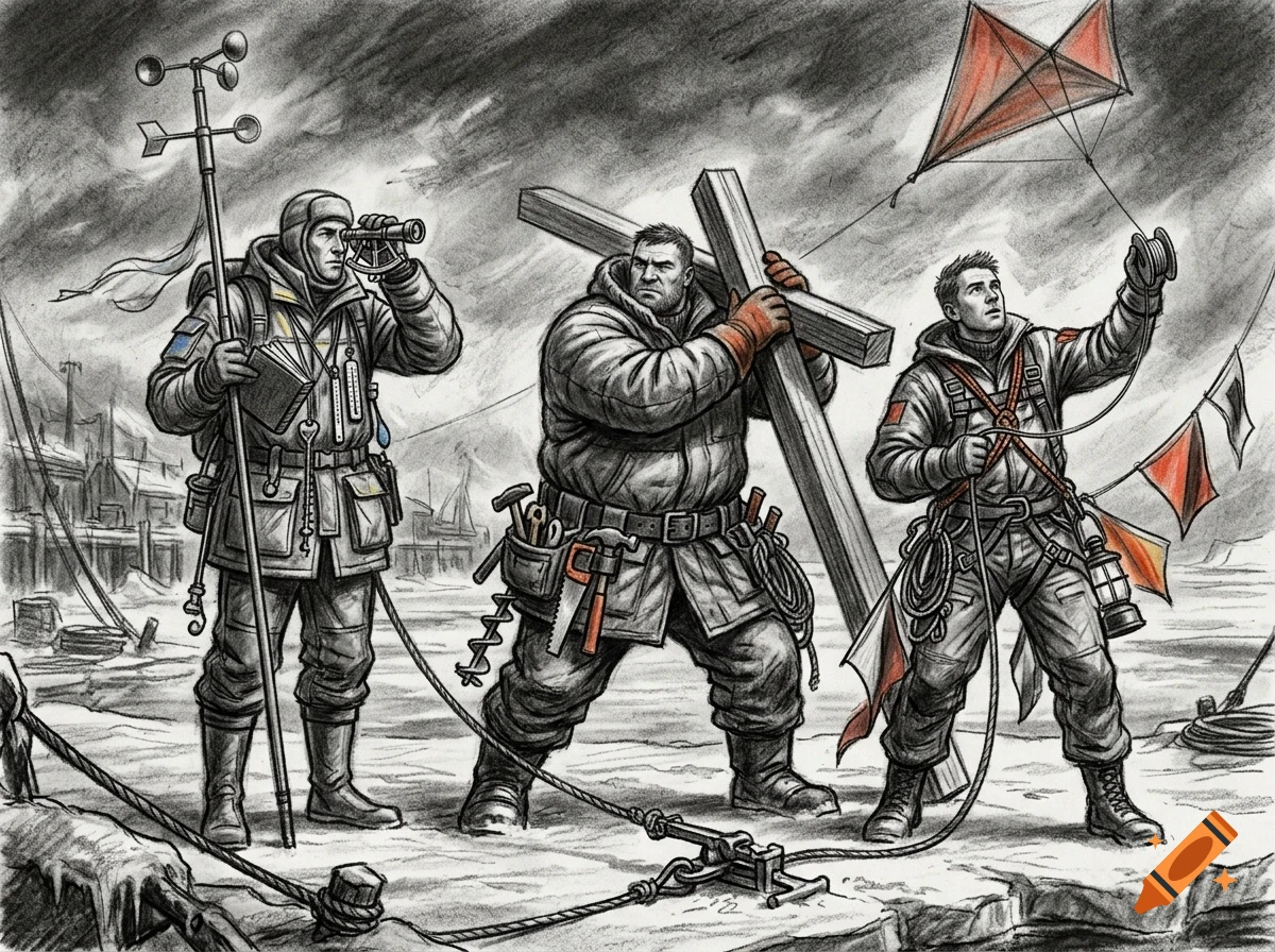 An ink and pencil drawing of three explorers in cold-weather gear working outdoors.