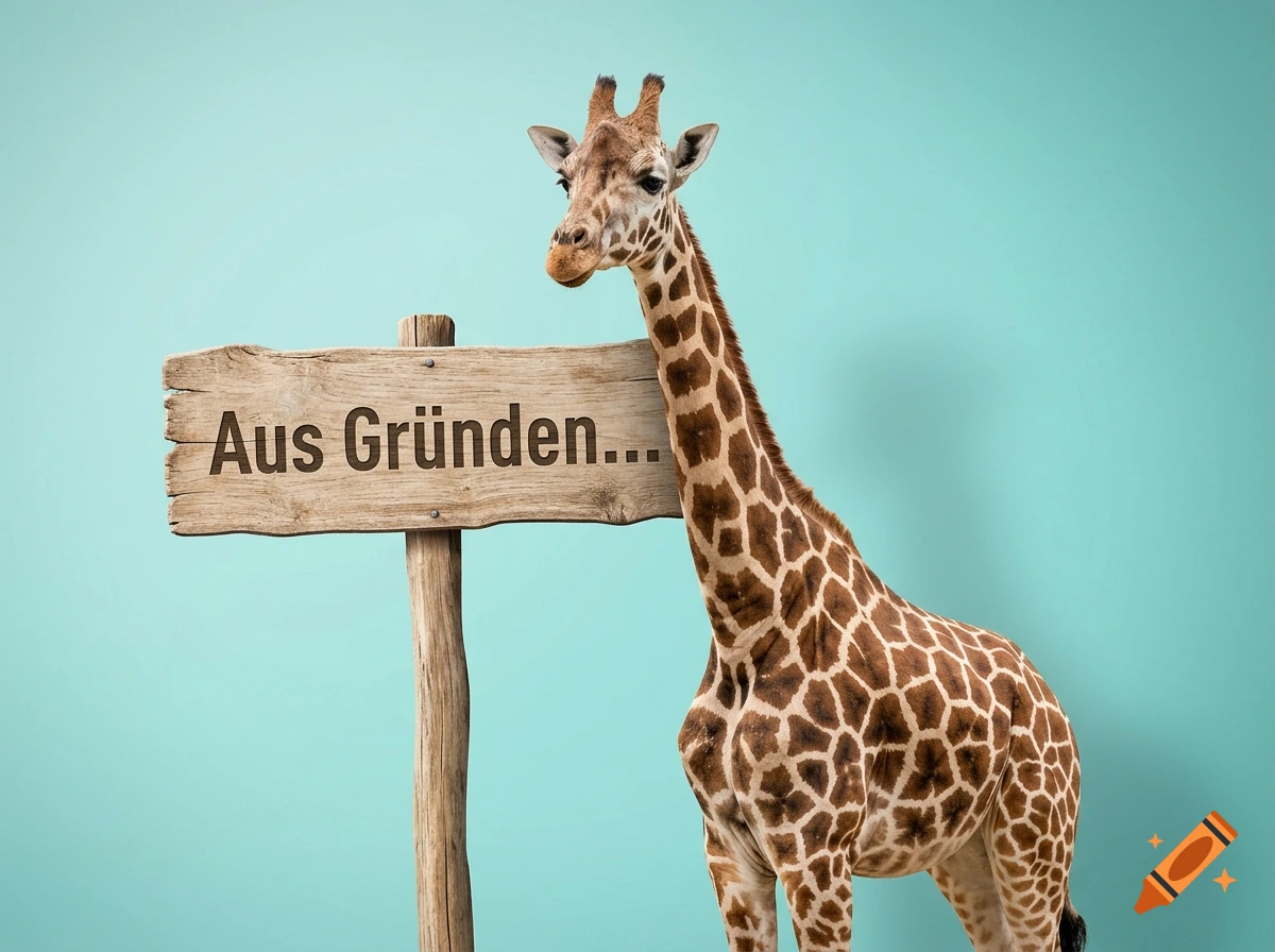 A photorealistic giraffe standing next to a rustic wooden sign reading "Aus Gründen..." against a light turquoise background.