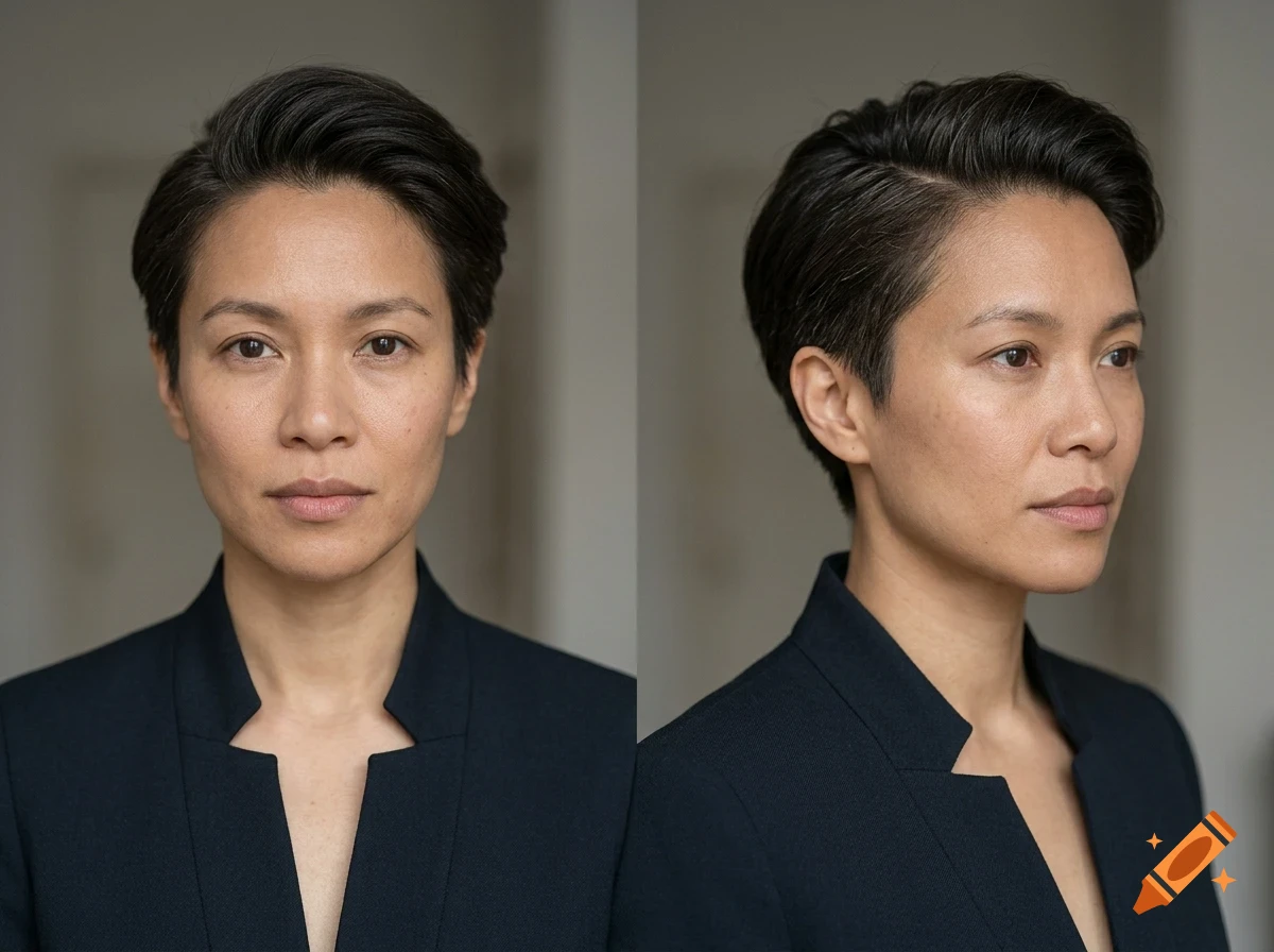 Two portraits of a person with short dark hair and a dark jacket, shown from the front and the side.