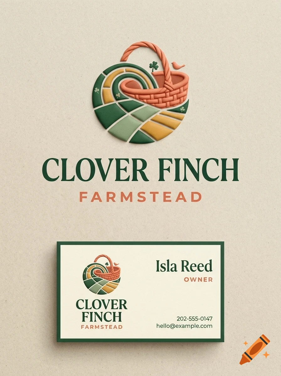 A mock-up of a farmstead logo featuring a basket and fields, with the text CLOVER FINCH FARMSTEAD.