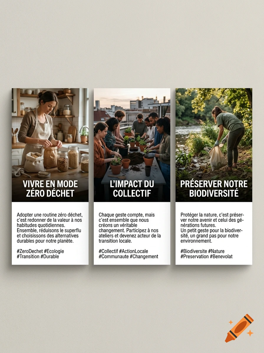 Three Instagram post mockups in French about zero waste, collective impact, and biodiversity with photorealistic imagery.