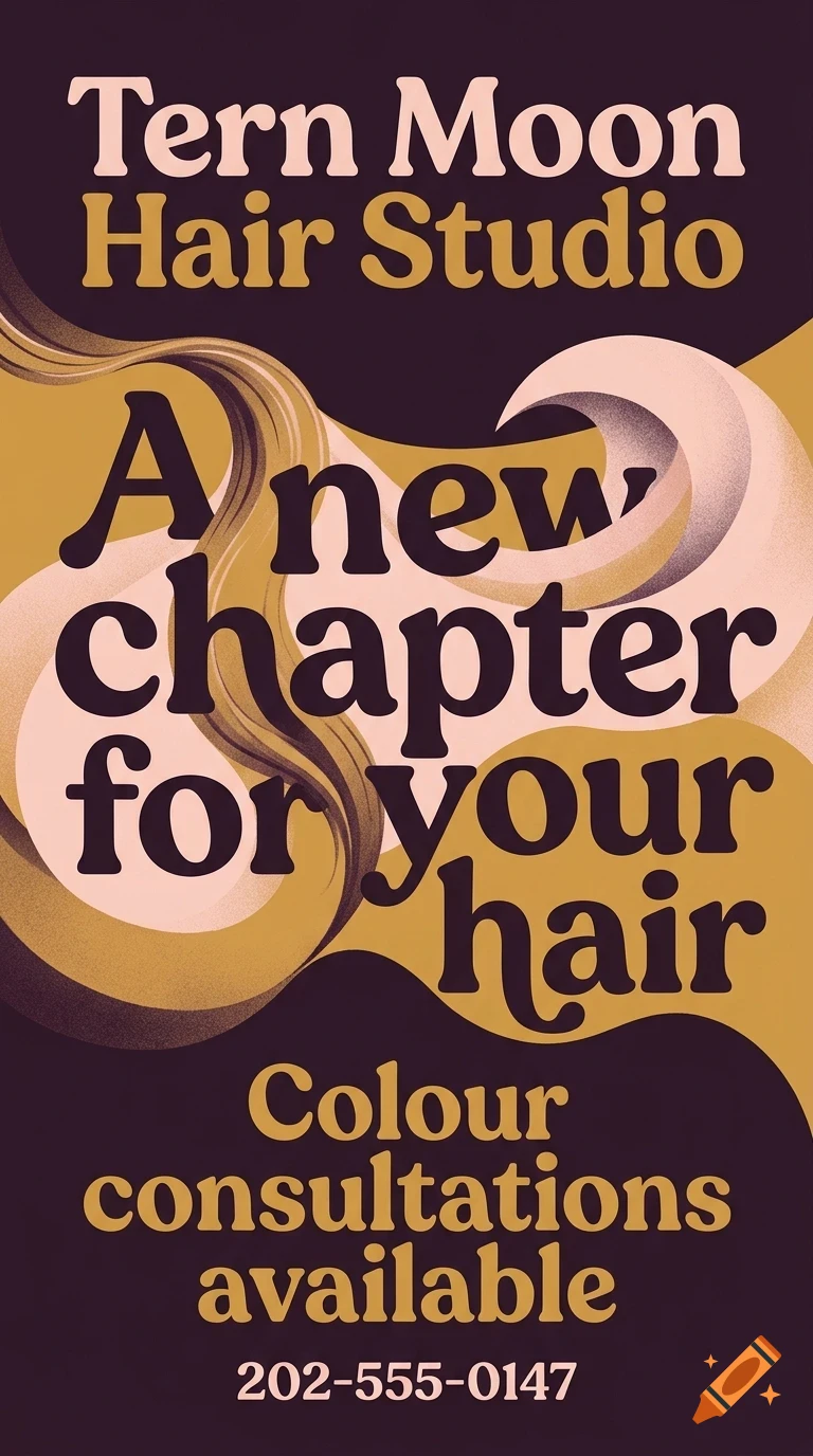 An advertisement design for Tern Moon Hair Studio with wavy abstract graphics and bold text on a dark background.
