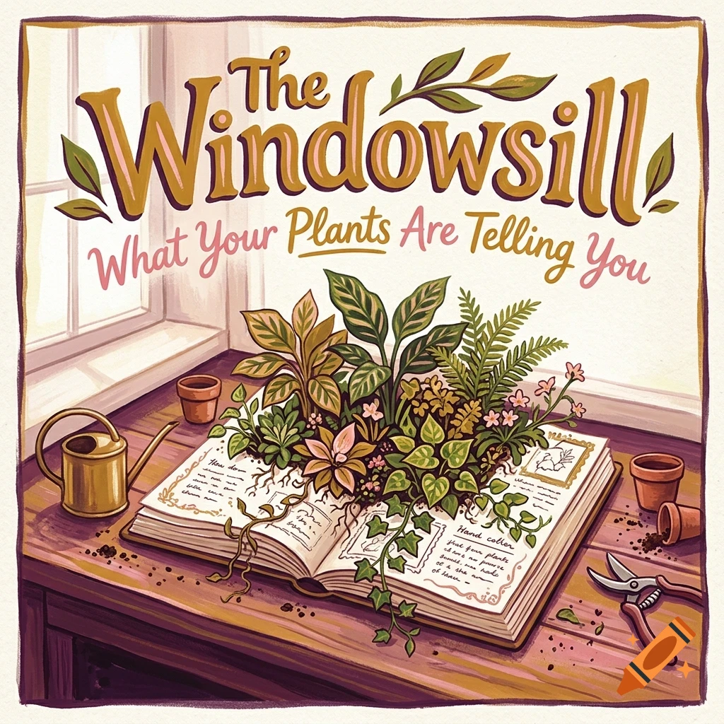 An illustrated book open on a wooden table with various plants growing out of its pages, next to a small watering can, empty pots, and pruning shears, with the text 'The Windowsill - What Your Plants Are Telling You' above.
