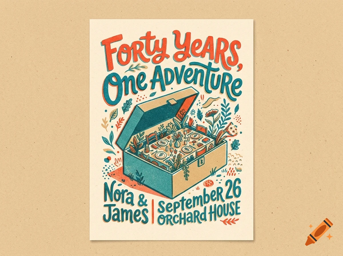 An illustrated poster featuring a picnic basket containing a miniature dining table, surrounded by botanical elements and text that reads Forty Years One Adventure Nora and James September 26 Orchard House.