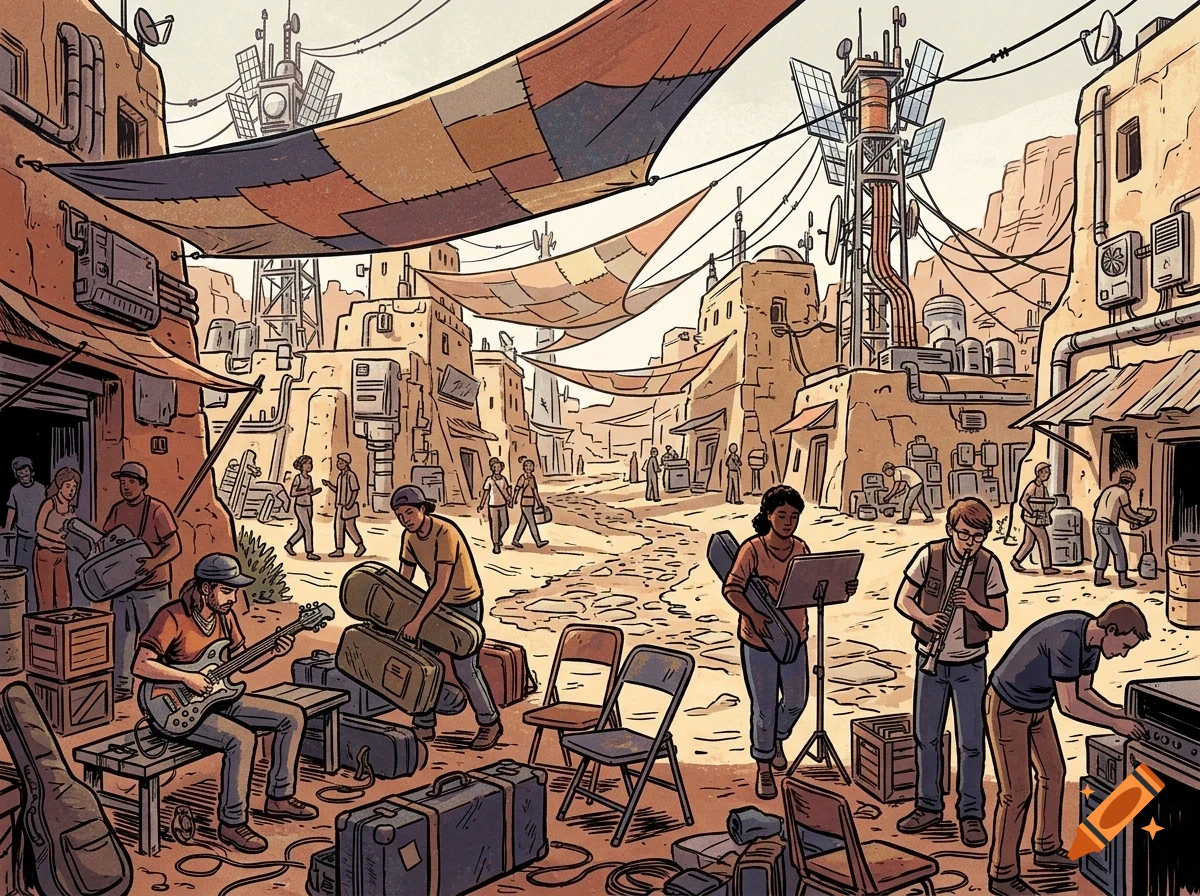 An illustrated desert settlement street with people setting up instruments and audio gear under draped awnings.