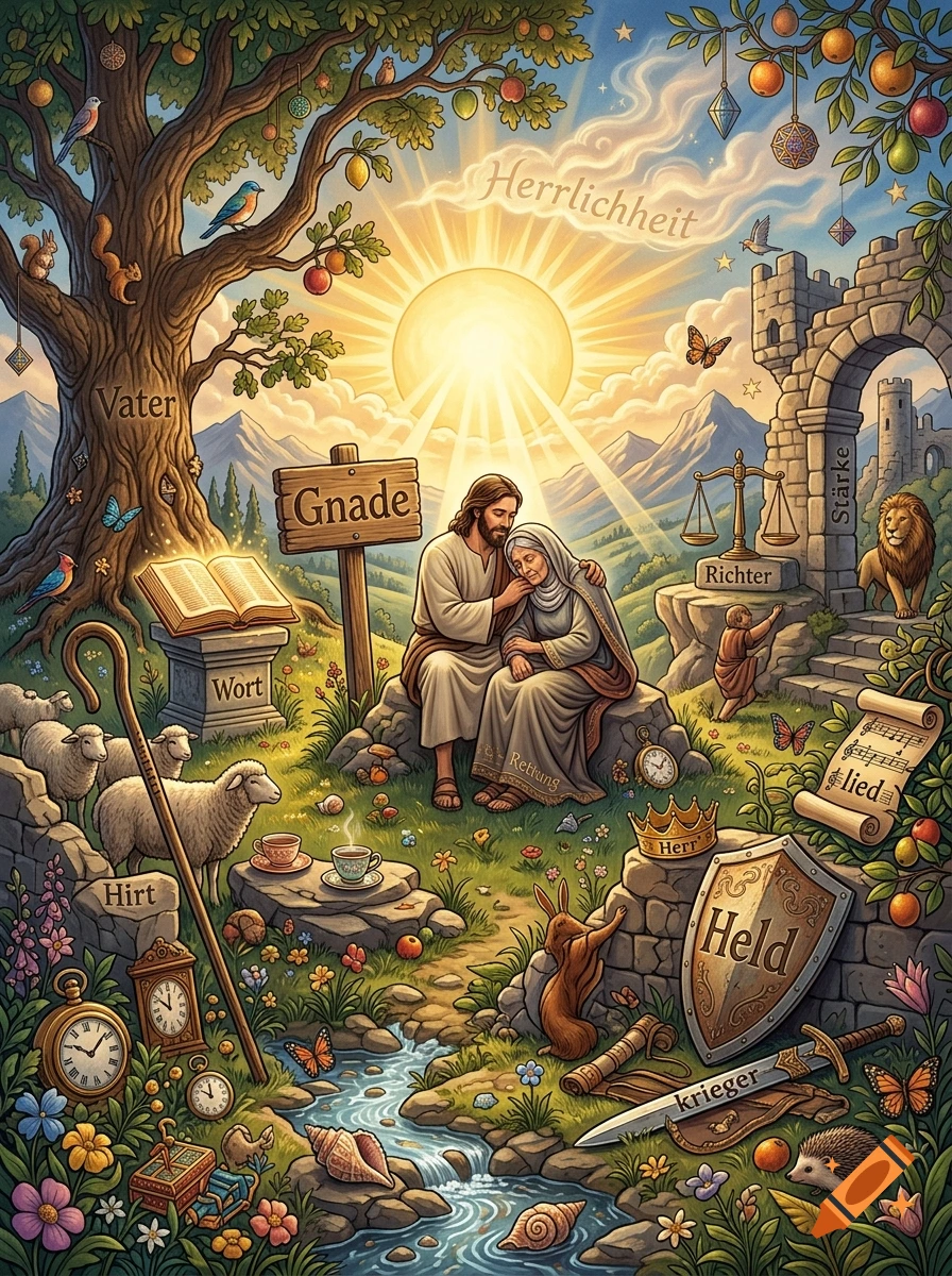 Detailed fantasy illustration of Jesus comforting a weeping woman under a large tree with symbolic German words and animals.