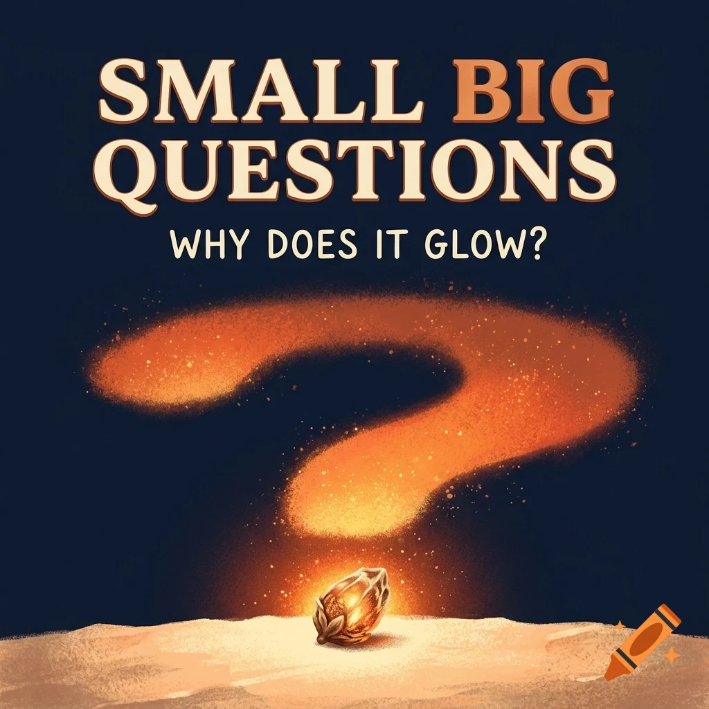 An illustration with text reading Small Big Questions and Why Does It Glow above a glowing seed-like object forming a large question mark shape.