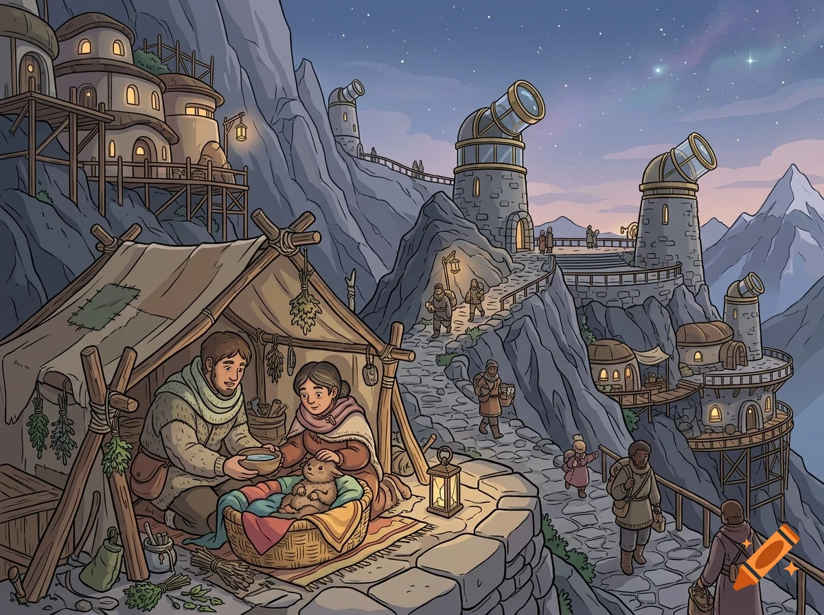 An illustrated mountain settlement at twilight, featuring people outside stone and wooden dwellings, observatories, and a couple in a tent with a small animal.