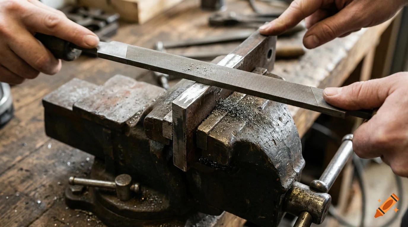 Close-up of hands filing a metal bar secured in a bench vise on a wooden workbench.