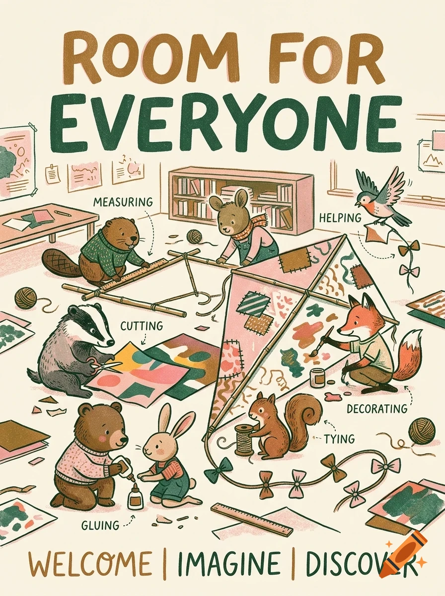 An illustrated poster showing various woodland animals working together to build a large tent, with the title 'ROOM FOR EVERYONE' at the top.