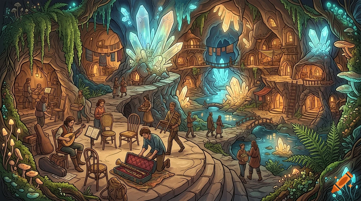 An illustrated fantasy underground cavern village featuring glowing crystals, cave dwellings, a river, and people going about daily activities.