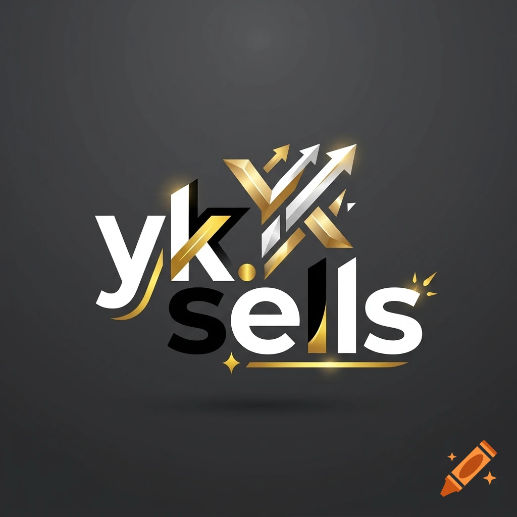 3D metallic gold and white logo reading yk.sells with upward arrows on a dark grey background.
