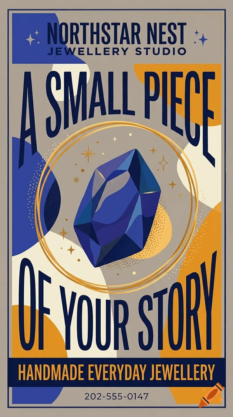 An illustrated poster design featuring a blue crystal in the center surrounded by golden rings and stars, with the text Northstar Nest Jewellery Studio, A small piece of your story, Handmade everyday jewellery, and a phone number.