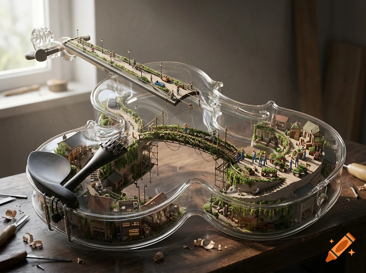 A miniature world built inside a transparent glass violin sitting on a wooden table, featuring tiny houses, roads, bridges, and people.