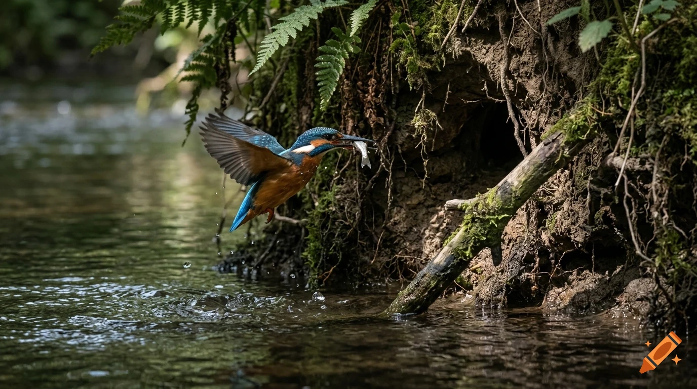 A kingfisher bird flying over a stream carrying a fish in its beak near a dirt bank.