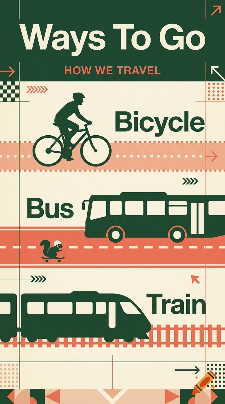 An informational poster titled 'Ways To Go' depicting different modes of travel: a person on a bicycle, a bus, and a train.