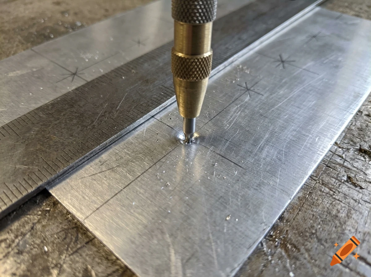 An automatic center punch making an indentation on a sheet of metal next to a ruler.