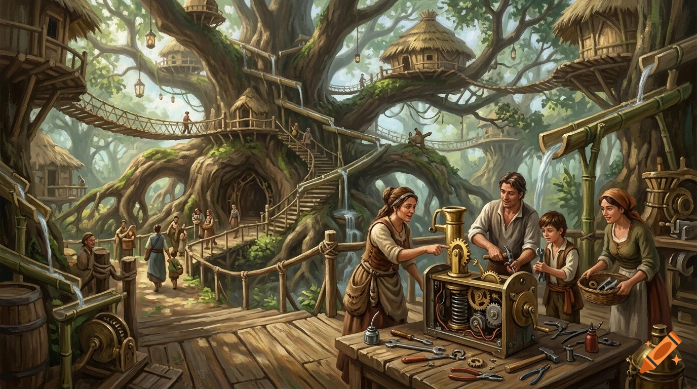 An illustration of people working together on machinery on a wooden platform among massive treehouses in a giant tree forest.