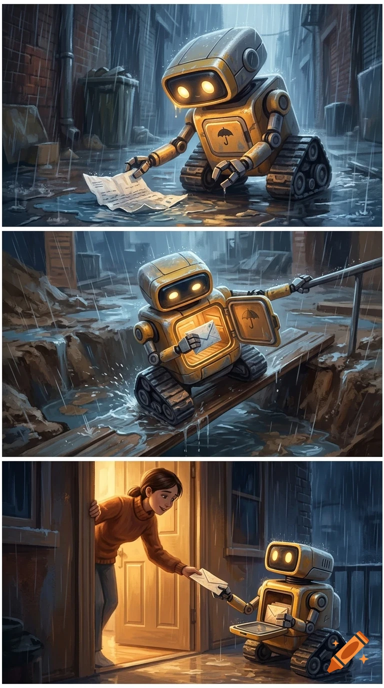 A comic-style illustration showing a small treaded robot finding a paper in the rain, storing a letter inside its compartment, and delivering it to a woman at a doorway.