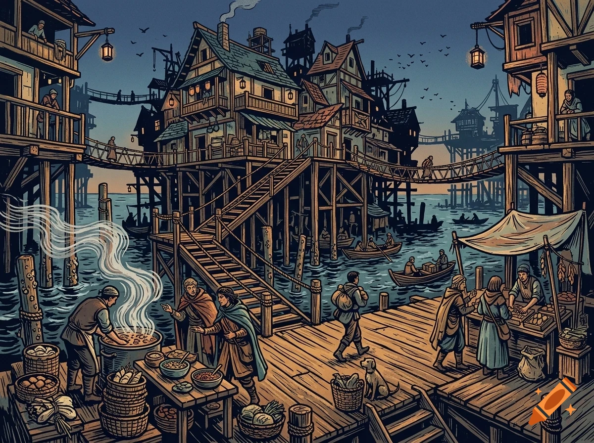 An illustrated coastal village built on wooden stilts over water, with people walking on docks, bridges, and boats.