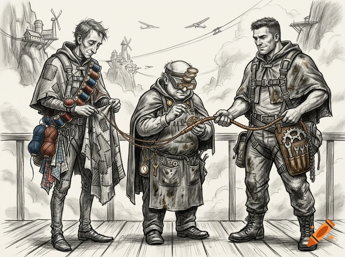 An ink and pencil drawing of three men working together on a balcony with flying machines and mountains in the background.