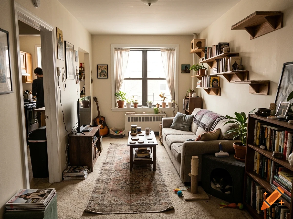 A cozy living room with a couch, bookshelves, a coffee table, and cat shelves on the wall.