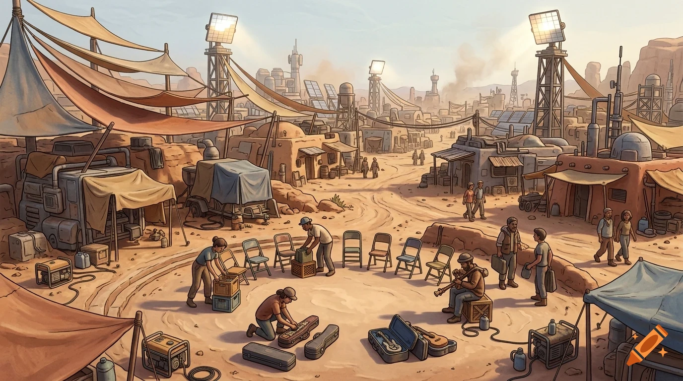 An outdoor desert settlement with people setting up chairs and instruments in a circle, surrounded by tents, buildings, and solar towers under a bright sky.